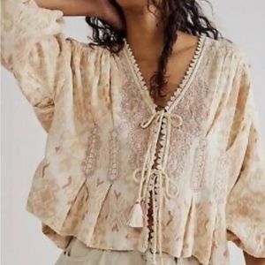 Free People Sunbaked Bed Jacket Bomber Embellished Drawstrings Cream Tan Rose